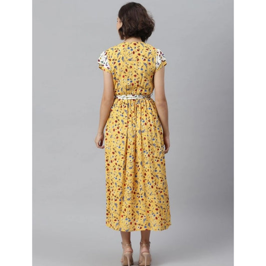 Generic Women's Polyester Floral V-Neck Short Sleeve Dress (Yellow-White)