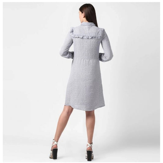 Generic Women's Polyester Floral Collar Neck Long Sleeves Dress (Blue)