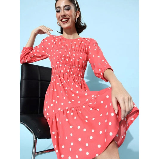 Generic Women's Polyester Moss Polka Round Neck 3/4th Sleeves Dress (Pink)
