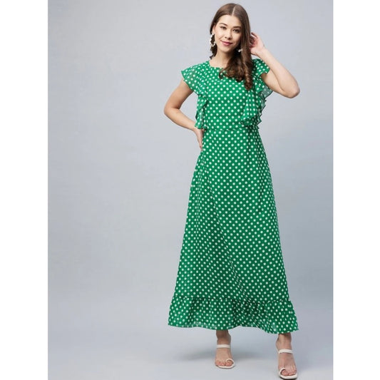Generic Women's Polyester Polka Close Neck Flutter Dress (Green)