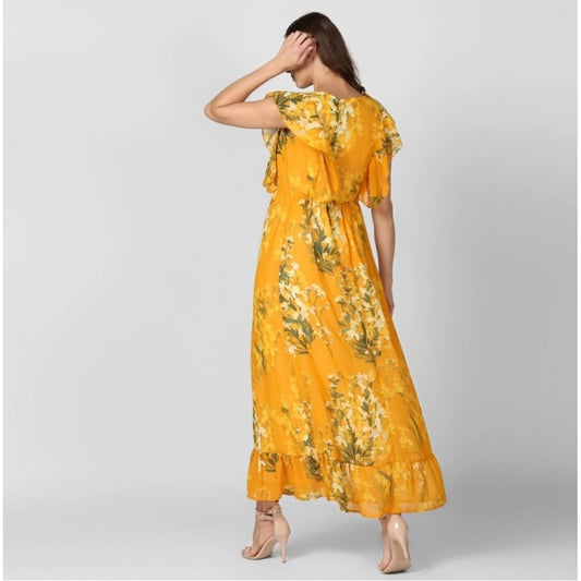 Generic Women's Polyester Floral Round Neck Butterfly Sleeve Dress (Yellow)