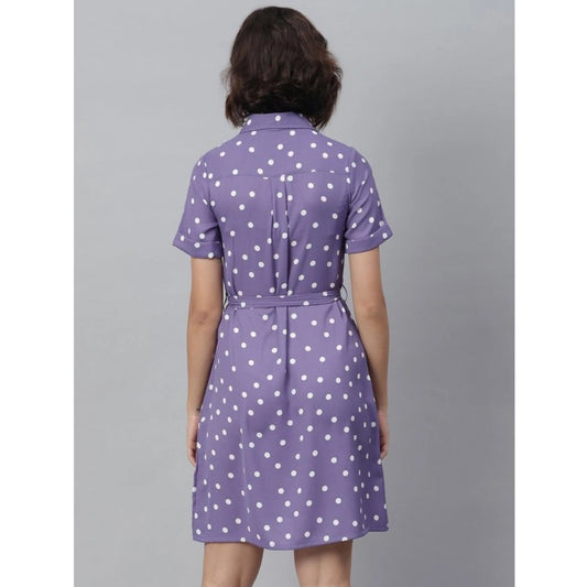 Generic Women's Polyester Polka Collar Neck Short Sleeve Dress (Lavender)
