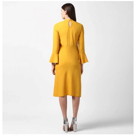 Generic Women's Polyester Ruffled Close Neck Long Sleeves Dress (Yellow)