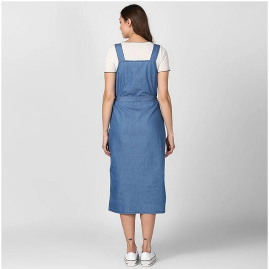 Generic Women's Denim Solid Round Neck Sleeveless Dress (Blue)