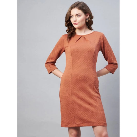 Generic Women's Polyester Jacquard Self Design Round Neck 3/4th Sleeves Dress (Rust)