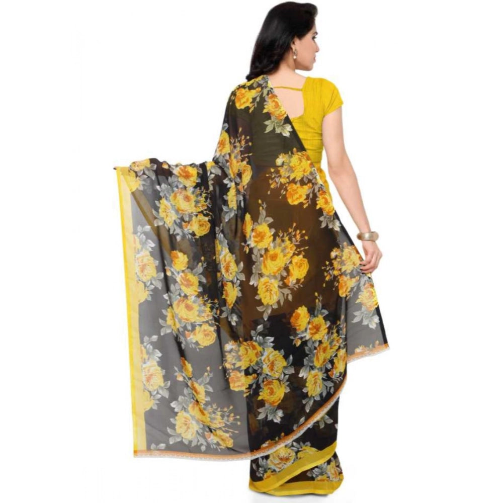 Generic Women's Faux Georgette Printed Saree With Unstitched Blouse 5.5Mtr (Yellow)