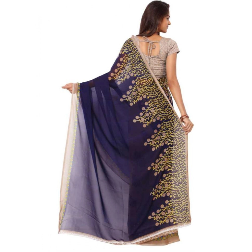Generic Women's Faux Georgette Printed Saree With Unstitched Blouse 5.5Mtr (Blue)