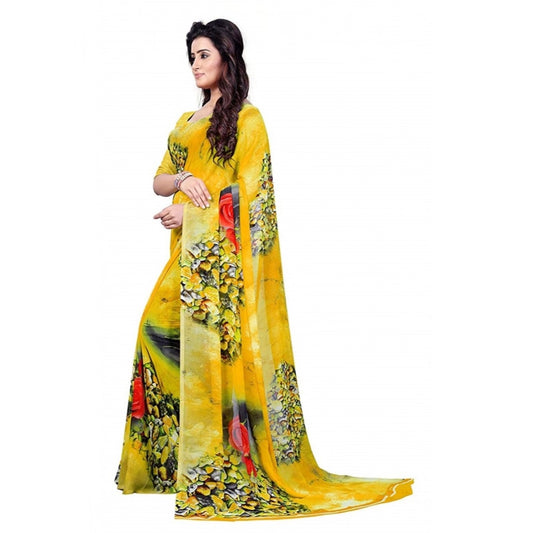 Generic Women's Faux Georgette Printed Saree With Unstitched Blouse 5.5Mtr (Yellow)