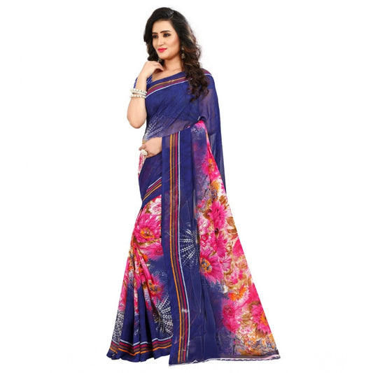 Generic Women's Georgette Printed Saree With Unstitched Blouse 5.5Mtr (Blue)