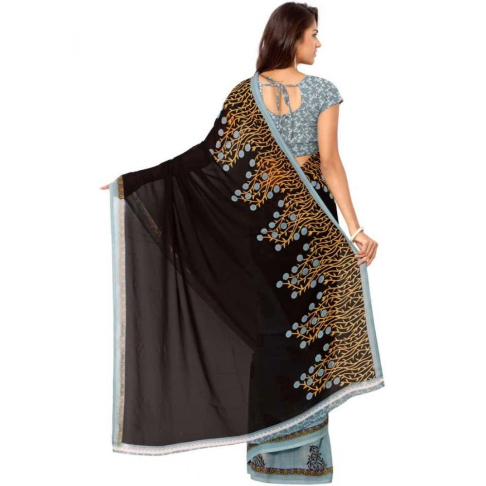 Generic Women's Faux Georgette Printed Saree With Unstitched Blouse 5.5Mtr (Brown)