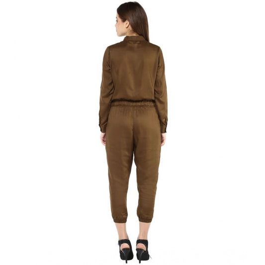 Generic Women's Rayon Solid Long Sleeve Jumpsuit (Olive)