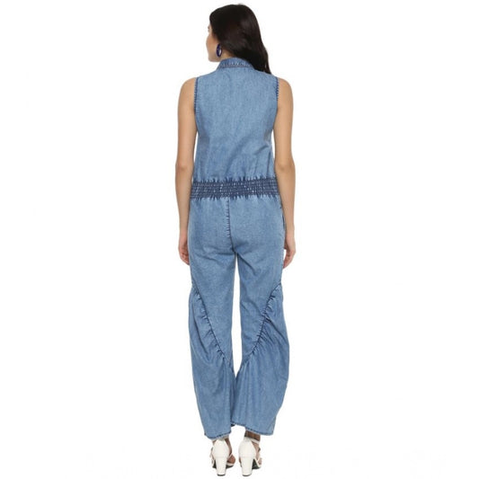 Generic Women's Denim Solid Sleeveless Jumpsuit (Blue)