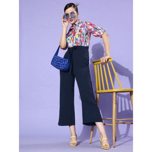 Generic Women's Polyester Printed 3/4th Sleeve Jumpsuit (Multicolor - Navy)