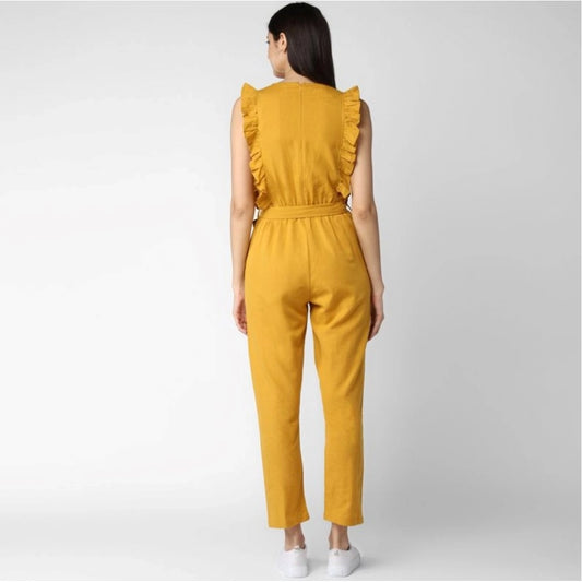Generic Women's Cotton Linen Solid Sleeveless Jumpsuit (Yellow)
