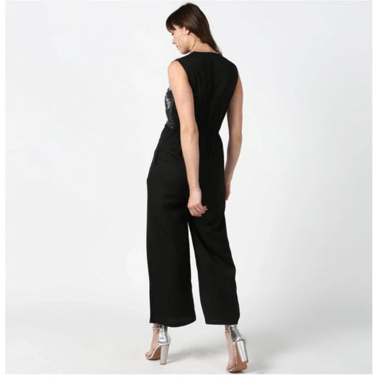 Generic Women's Polyester Embroidered Sleeveless Jumpsuit (Black)