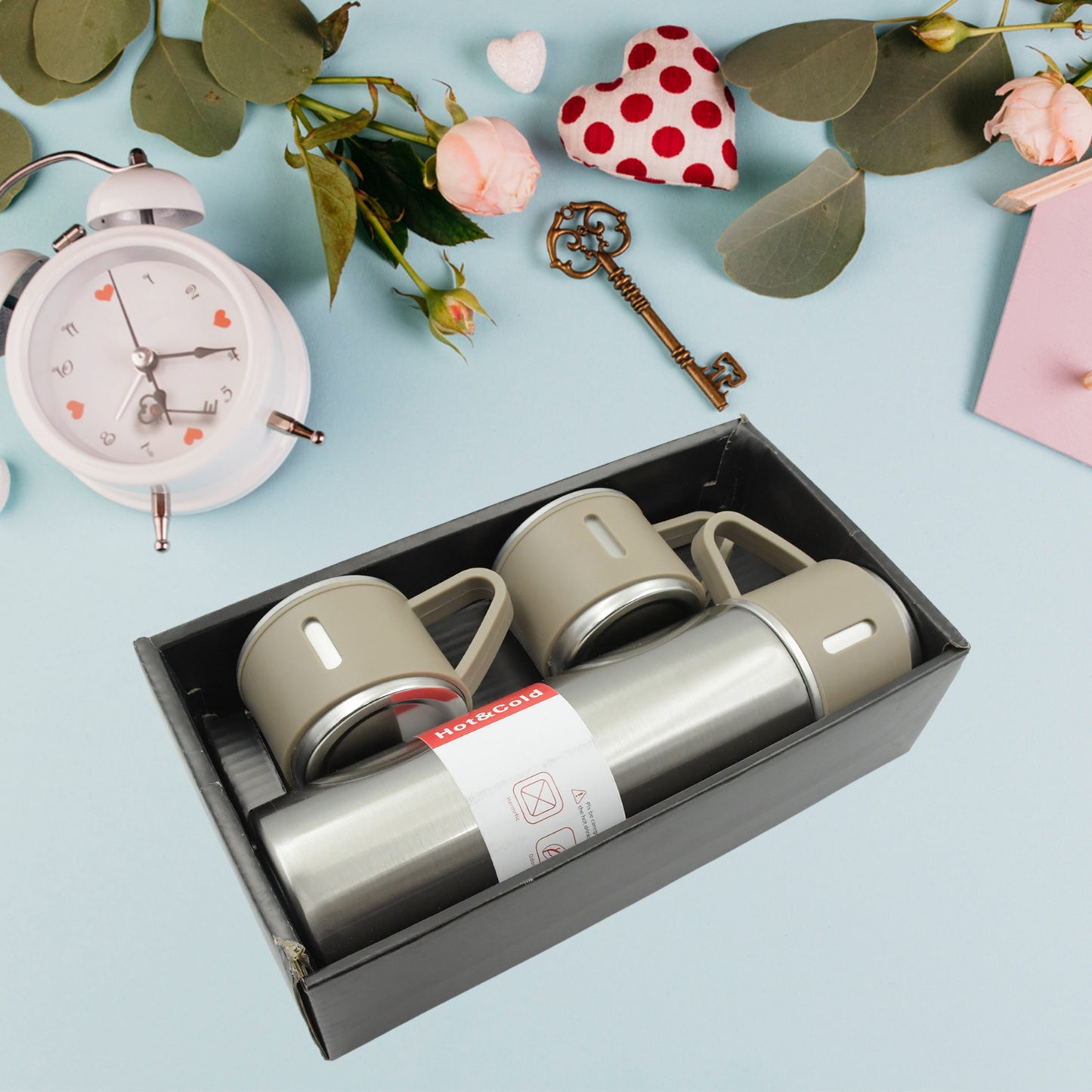 Stainless Steel Vacuum Flask Set with 3 Steel Cups for Hot and Cold Water (500ml)