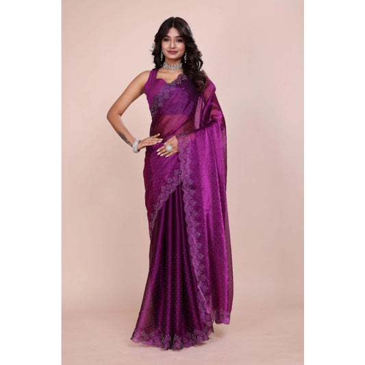Generic Women's Tissue Pure Silk Embellished Bollywood Saree With Unstitched Blouse 5.5Mtr (Purple)