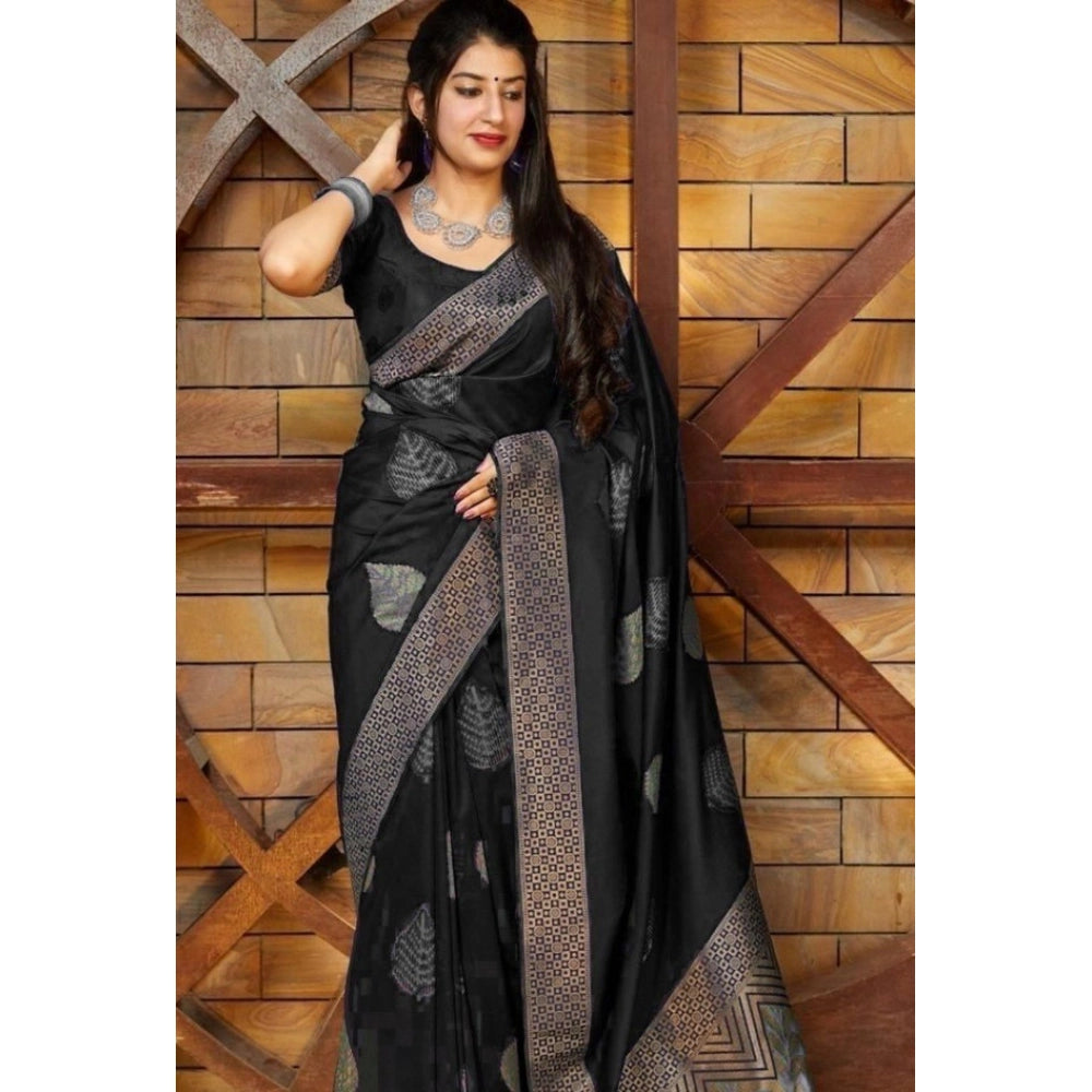 Generic Women's Litchi silk Printed Saree With Unstitched Blouse (Black)