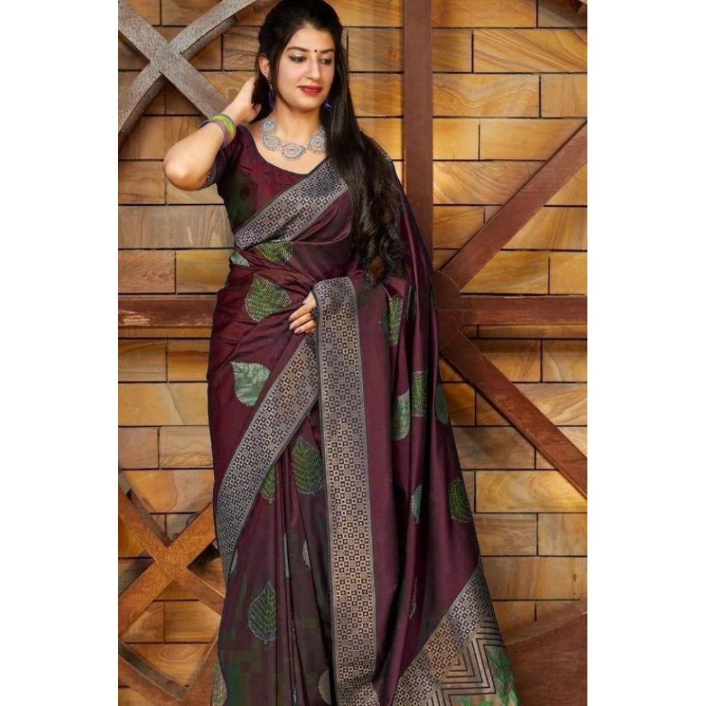 Generic Women's Litchi silk Printed Saree With Unstitched Blouse (Maroon)