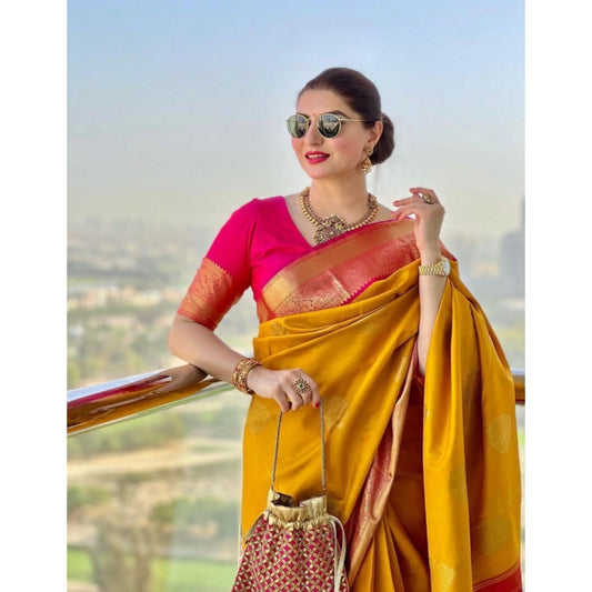 Generic Women's Litchi silk Printed Saree With Unstitched Blouse (Yellow)