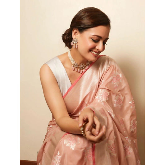 Generic Women's Litchi silk Printed Saree With Unstitched Blouse (Peach)