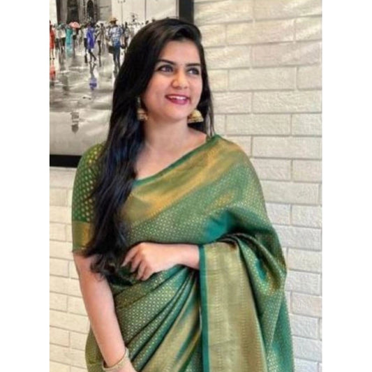 Generic Women's Litchi silk Printed Saree With Unstitched Blouse (Green)