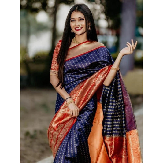 Generic Women's Litchi silk Printed Saree With Unstitched Blouse (Blue)