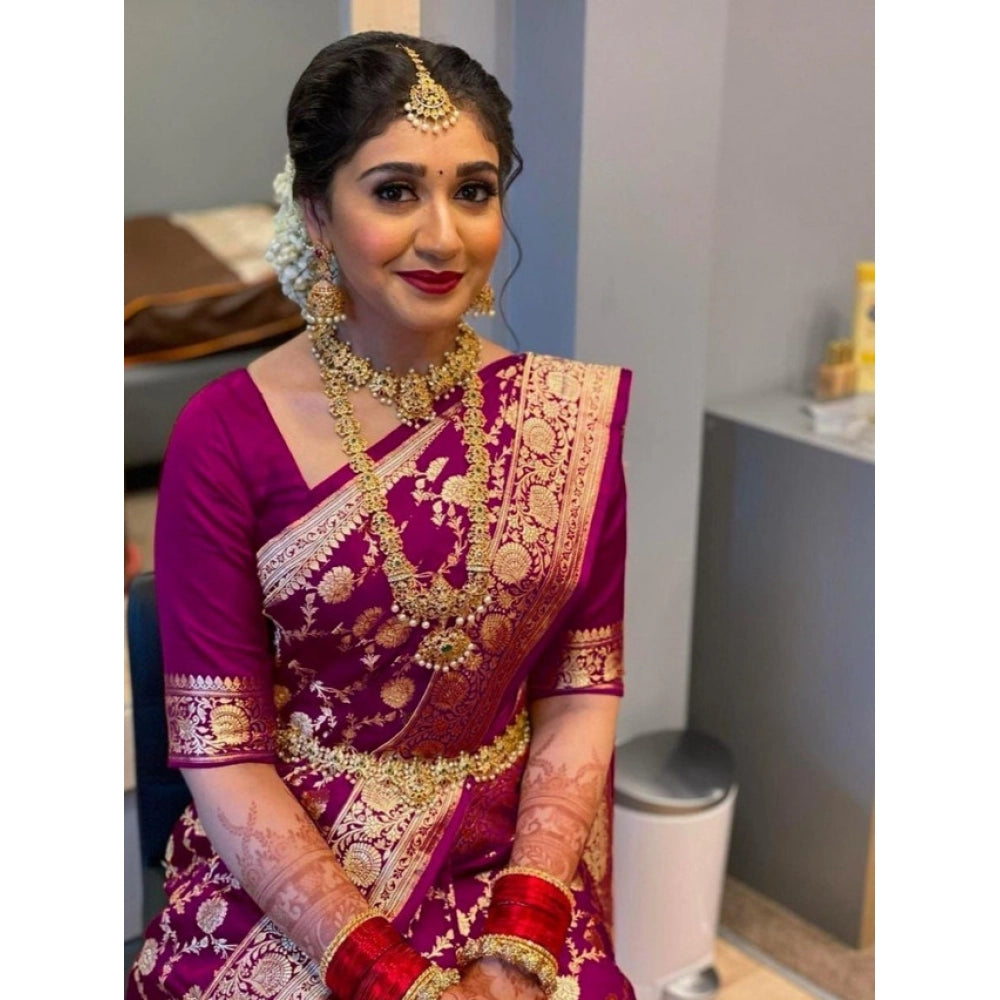 Generic Women's Litchi silk Printed Saree With Unstitched Blouse (Magenta With pink)