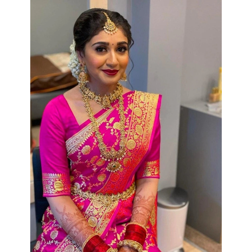 Generic Women's Litchi silk Printed Saree With Unstitched Blouse (Pink)