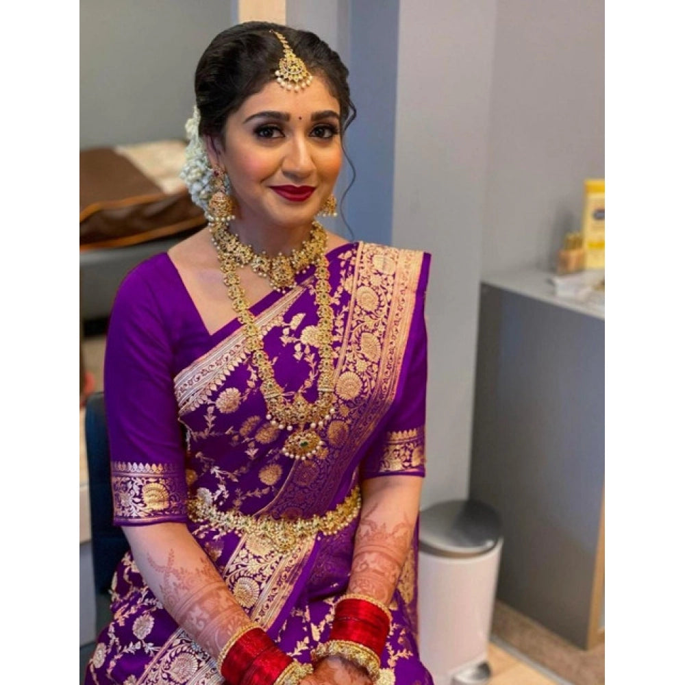 Generic Women's Litchi silk Printed Saree With Unstitched Blouse (Purple)