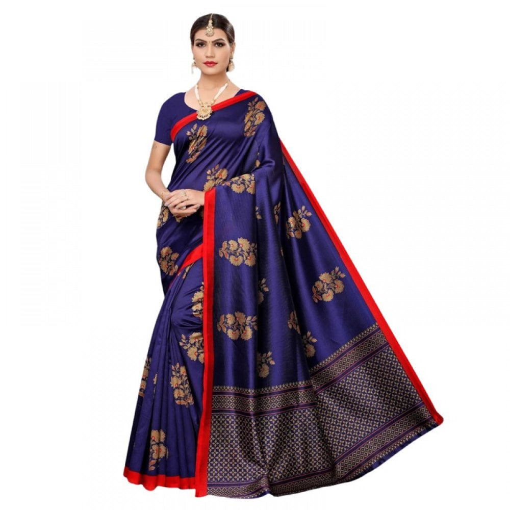 Generic Women's Litchi silk Printed Saree With Unstitched Blouse 5-6 Mtrs (Navy Blue)