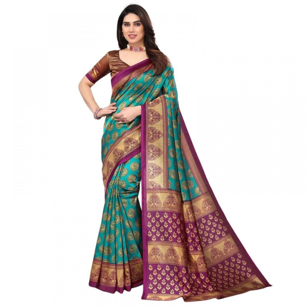 Generic Women's Litchi silk Printed Saree With Unstitched Blouse 5-6 Mtrs (Green)