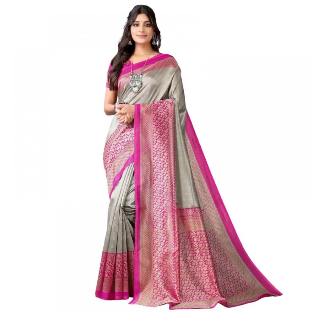 Generic Women's Litchi silk Printed Saree With Unstitched Blouse 5-6 Mtrs (Gray)