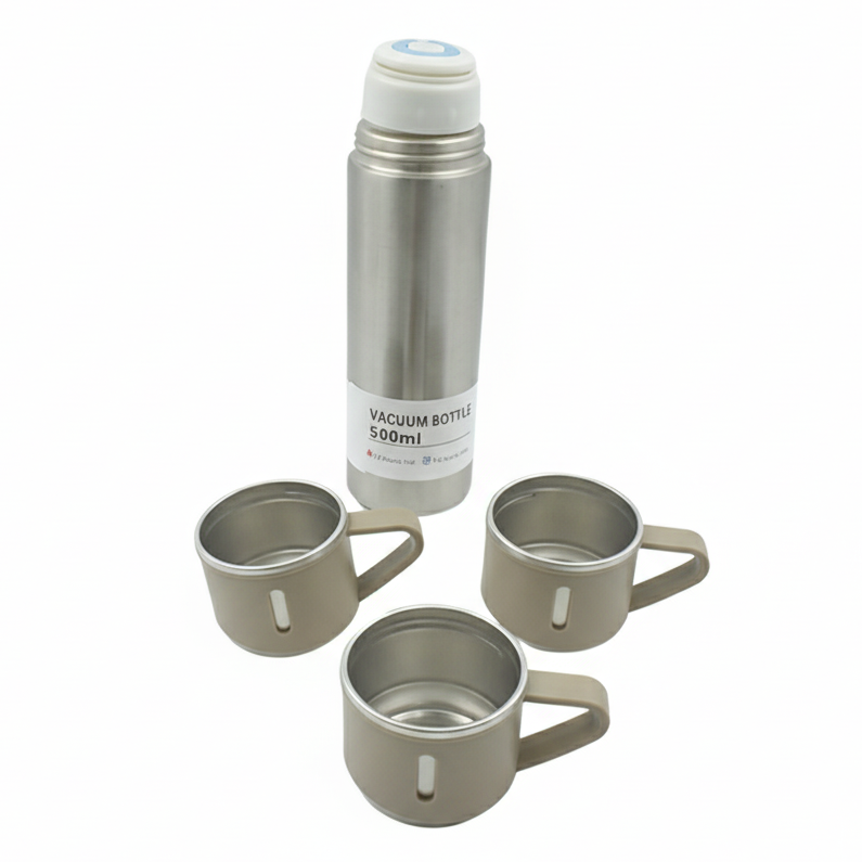 Stainless Steel Vacuum Flask Set with 3 Steel Cups for Hot and Cold Water (500ml)