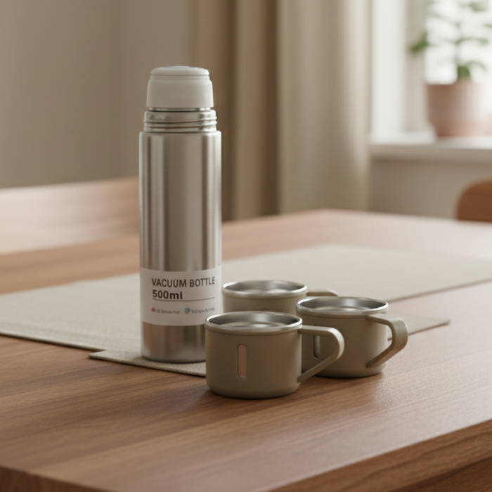 Stainless Steel Vacuum Flask Set with 3 Steel Cups for Hot and Cold Water (500ml)