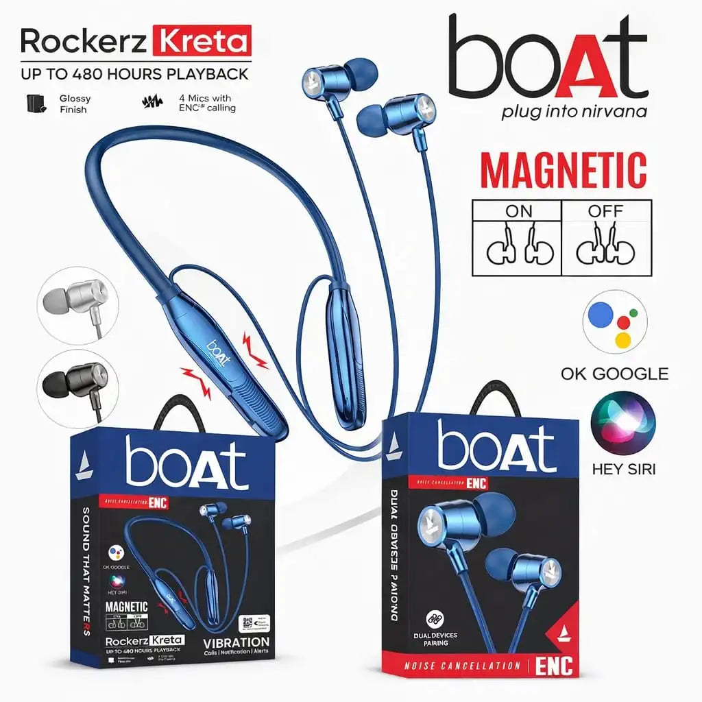 boAt Neckbad | Rockerz kreta |Upto 480 hours playback | Magnetic on-off | Glossy Finish | 4 mic with ENC calling
