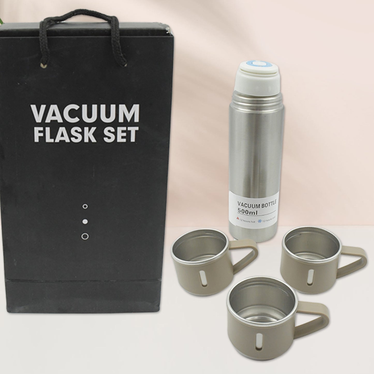 Stainless Steel Vacuum Flask Set with 3 Steel Cups for Hot and Cold Water (500ml)