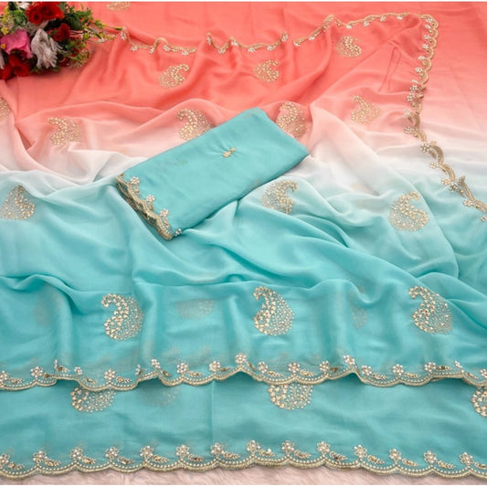 Generic Women's Digital Printed Geogette Saree With Unstitched Blouse (Blue, 5-6 Mtrs)