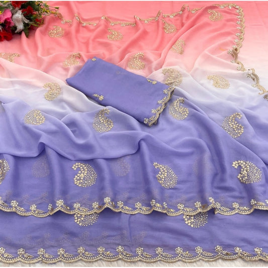 Generic Women's Digital Printed Geogette Saree With Unstitched Blouse (Purple, 5-6 Mtrs)