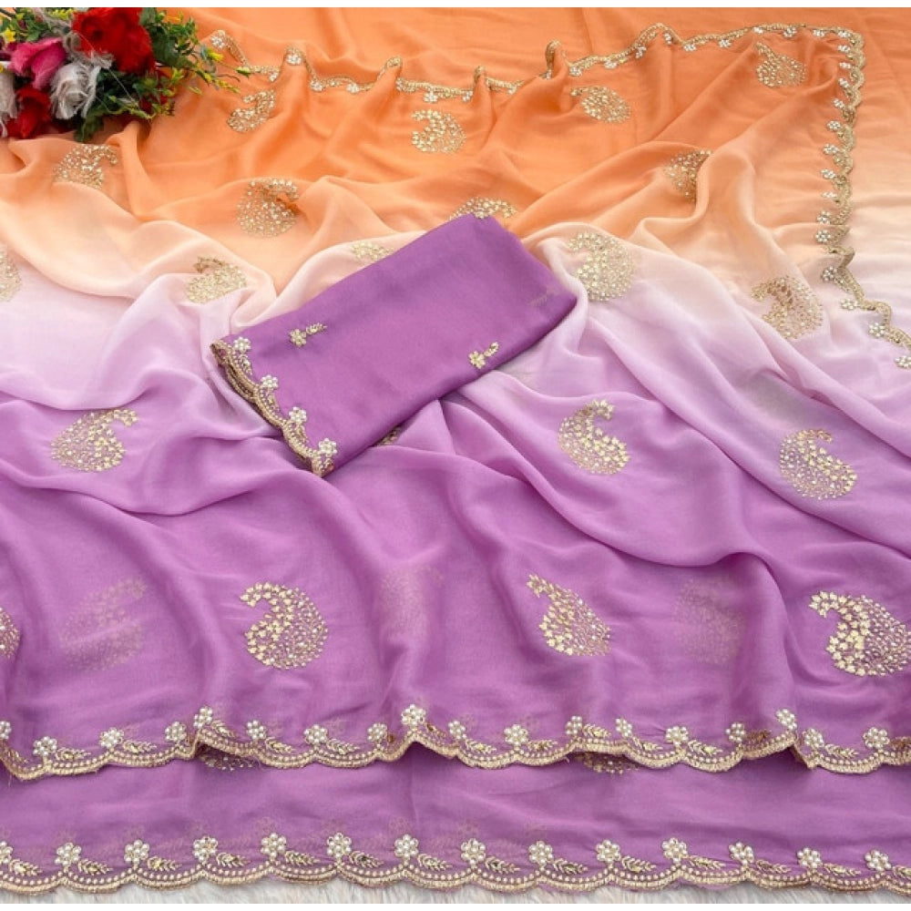 Generic Women's Digital Printed Geogette Saree With Unstitched Blouse (Wine, 5-6 Mtrs)