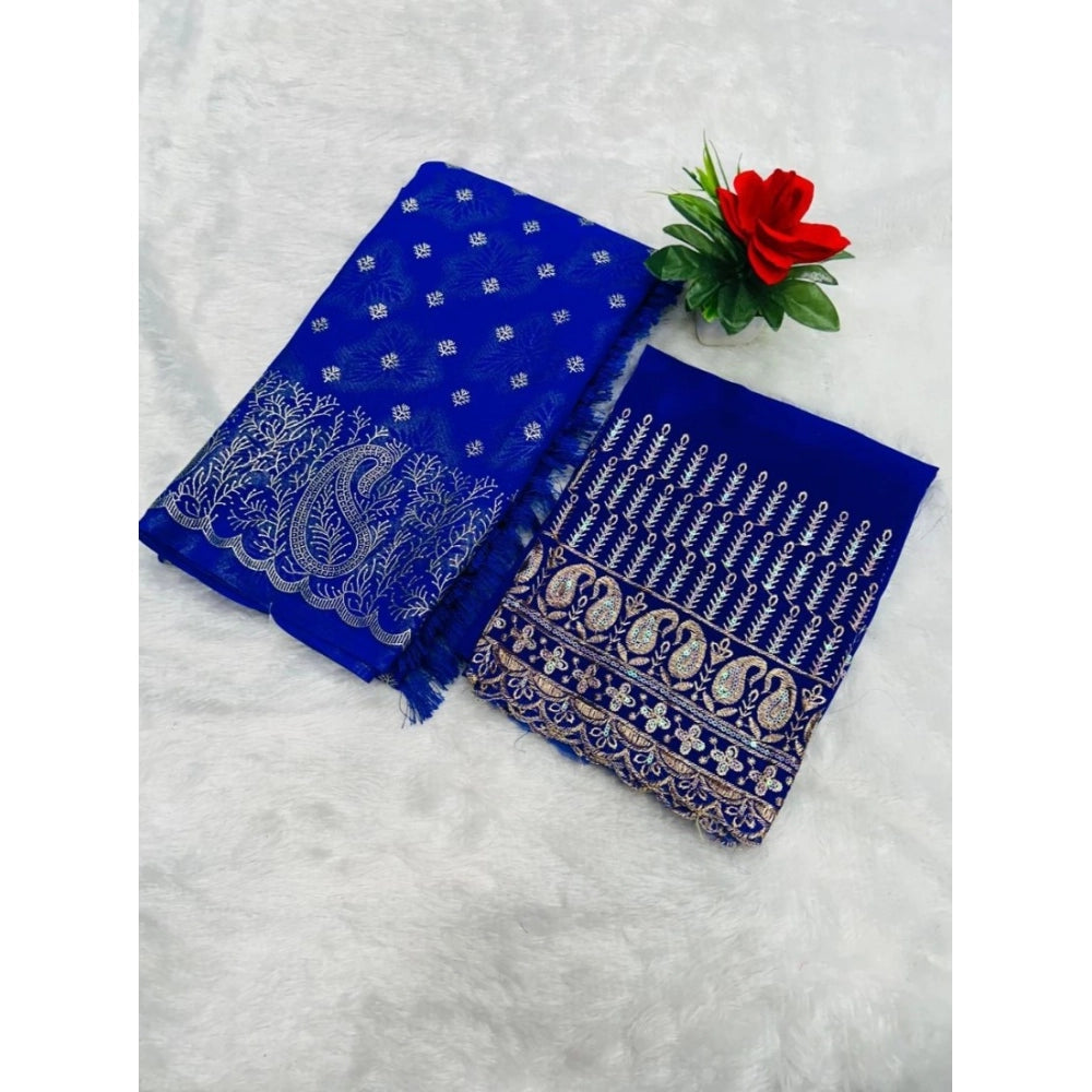 Generic Women's Embroidered Georgette Saree With Unstitched Blouse (Blue, 5-6 Mtrs)