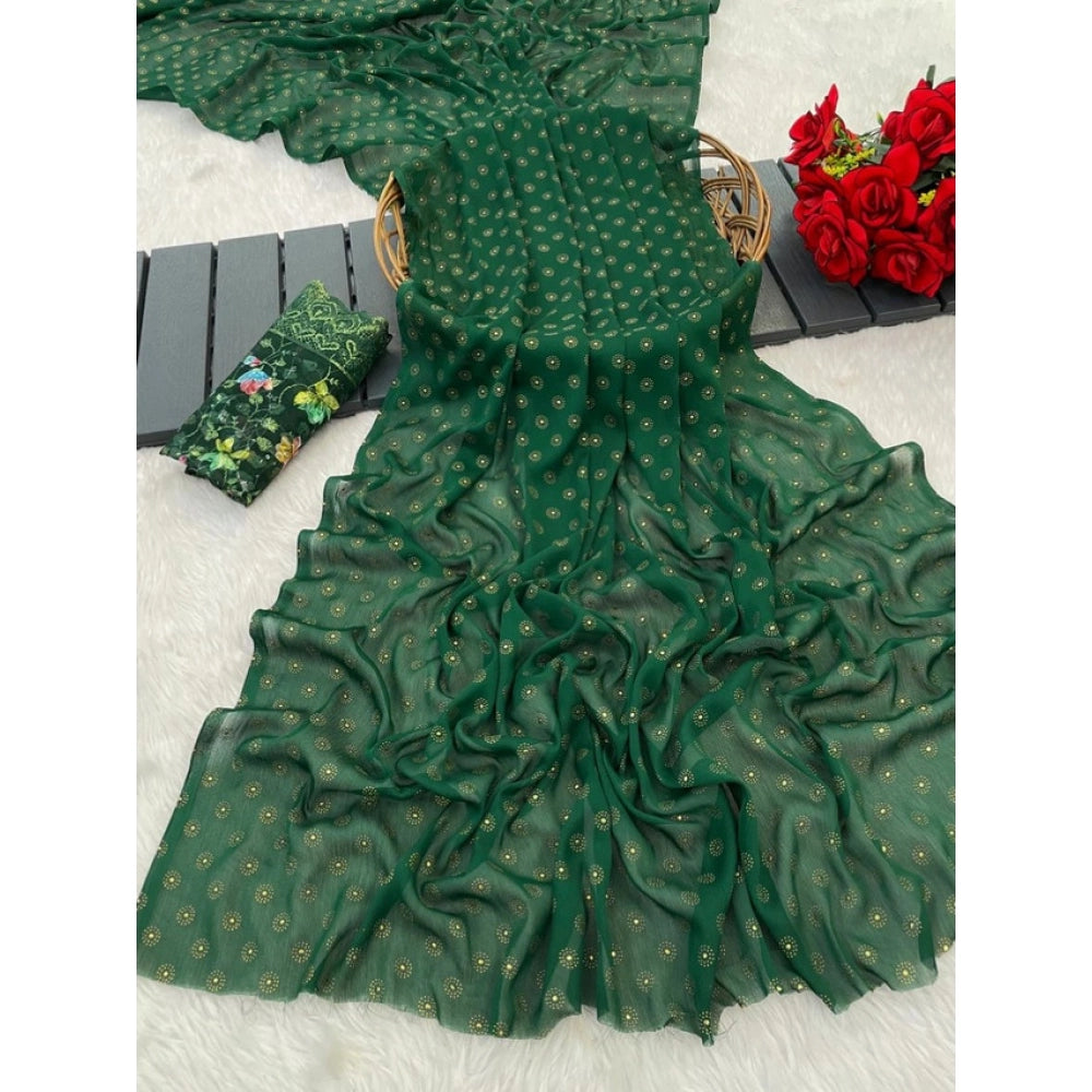 Generic Women's Printed Brasso Saree With Unstitched Blouse (Green, 5-6 Mtrs)