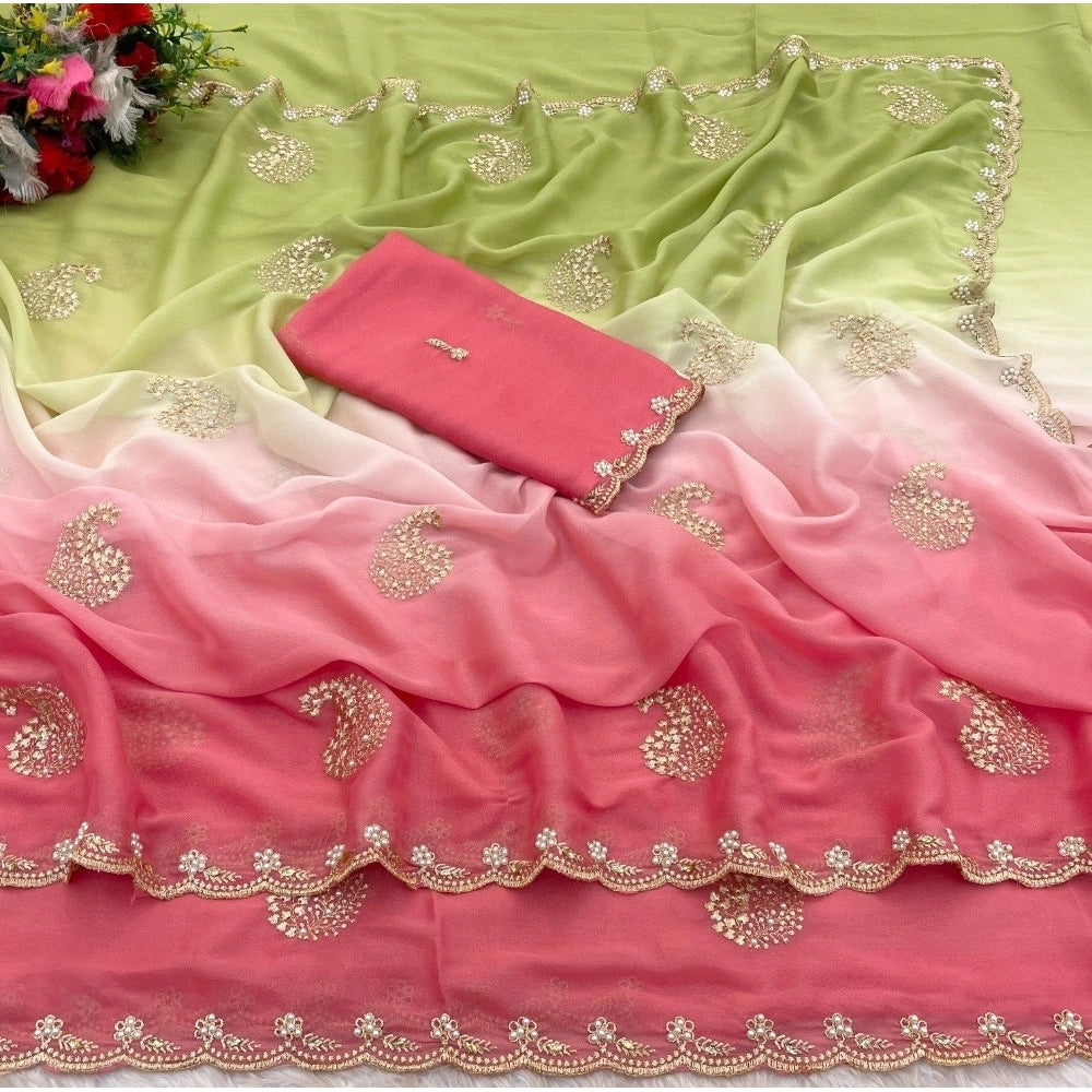 Generic Women's Digital Printed Geogette Saree With Unstitched Blouse (Blue, 5-6 Mtrs)