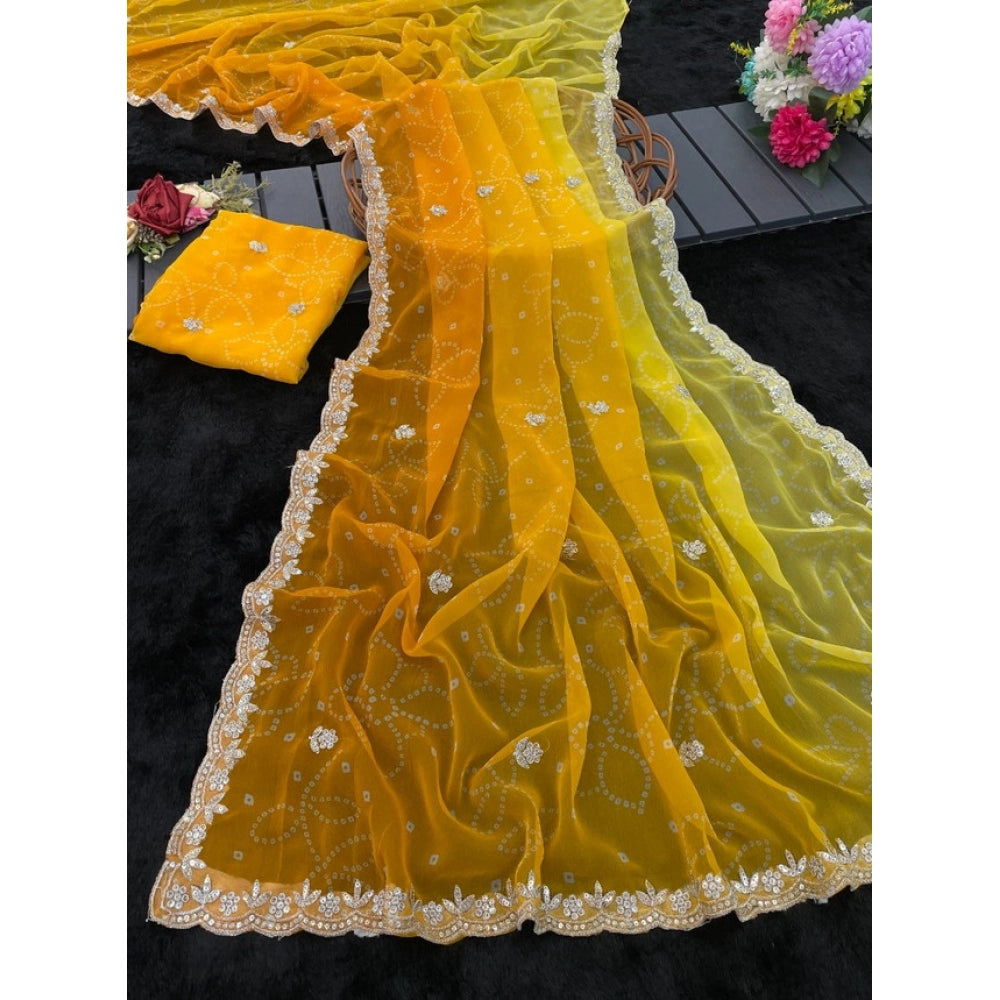 Generic Women's Digital Printed Georgette Saree With Unstitched Blouse (Yellow, 5-6 Mtrs)