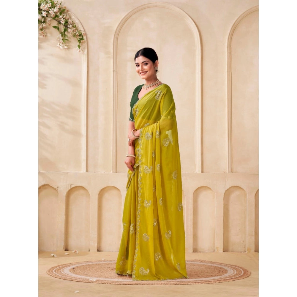 Generic Women's Digital Printed Georgette Saree With Unstitched Blouse (Yellow, 5-6 Mtrs)