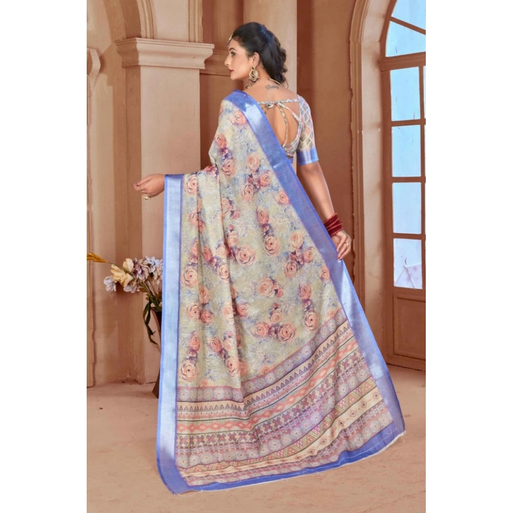 Generic Women's Printed Cotton Linen Saree withPrinted Saree With Unstitched Blouse (Beige, 5-6Mtrs)