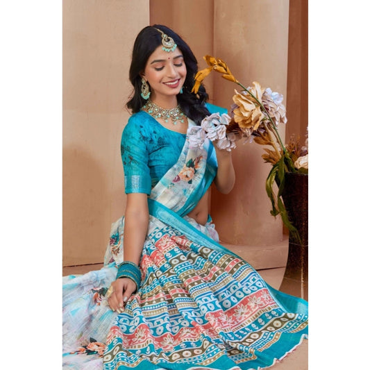 Generic Women's Printed Cotton Linen Saree withPrinted Saree With Unstitched Blouse (Blue, 5-6Mtrs)