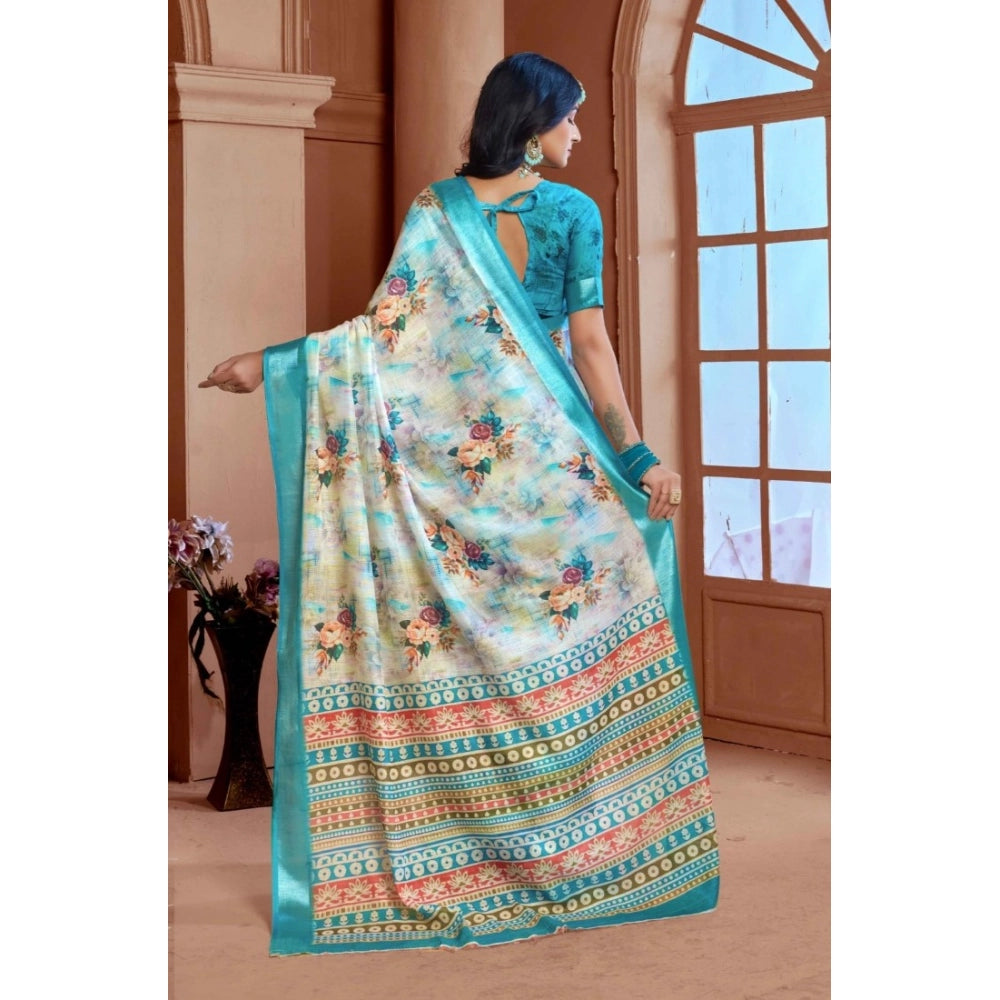 Generic Women's Printed Cotton Linen Saree withPrinted Saree With Unstitched Blouse (Blue, 5-6Mtrs)