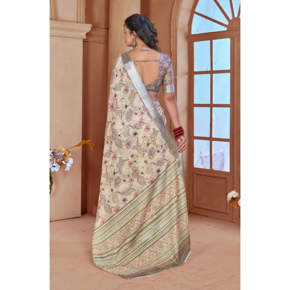 Generic Women's Printed Cotton Linen Saree withPrinted Saree With Unstitched Blouse (Beige, 5-6Mtrs)