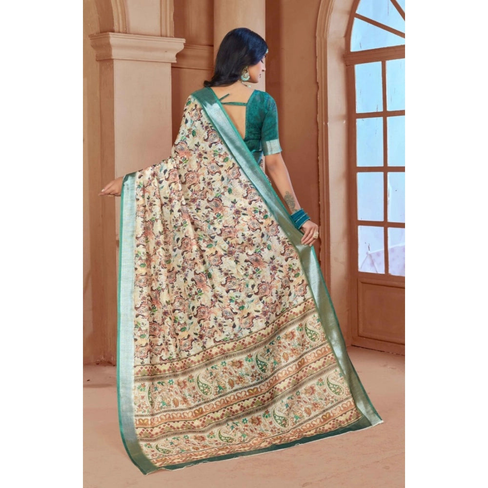 Generic Women's Printed Cotton Linen Saree withPrinted Saree With Unstitched Blouse (Green, 5-6Mtrs)